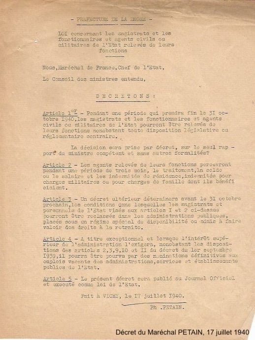 Décret Maréchal Pétain 17 juillet 1940 révocation des agents de l'Etat