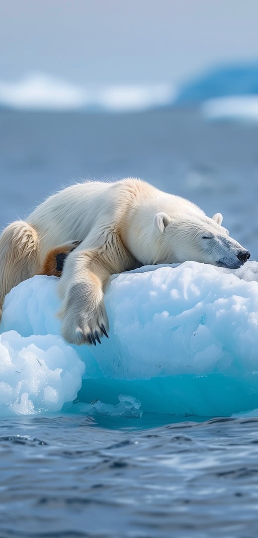 A bipolar polar bear sleeping on an iceberg