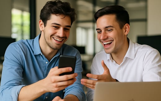 dos hombres celebrando el éxito de su emprendimiento, checando cómo suben las ventas de su negocio.