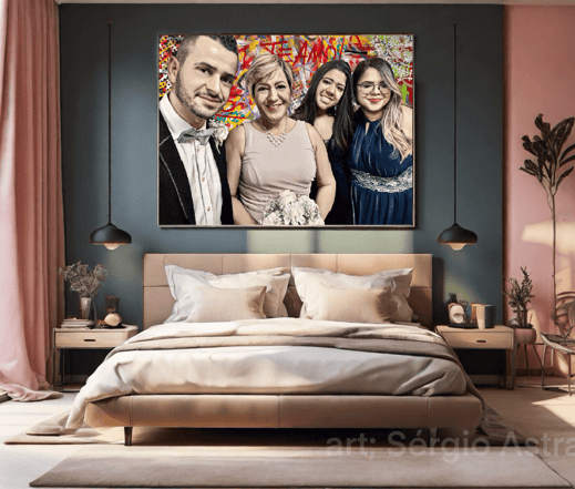 Arte pop de família com traços marcantes e cores vivas.