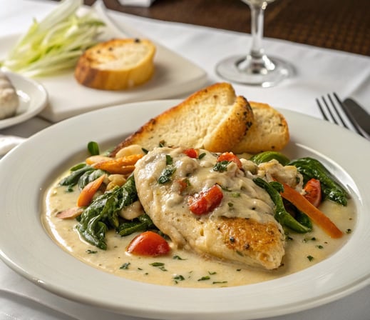a plate of food chicken with cream sauce