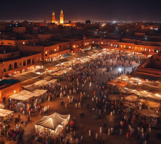 a large group of people walking around a plaza