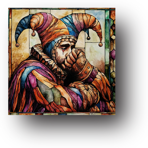 Tiffany Swensen watercolor painting Jester's Lament stained glass