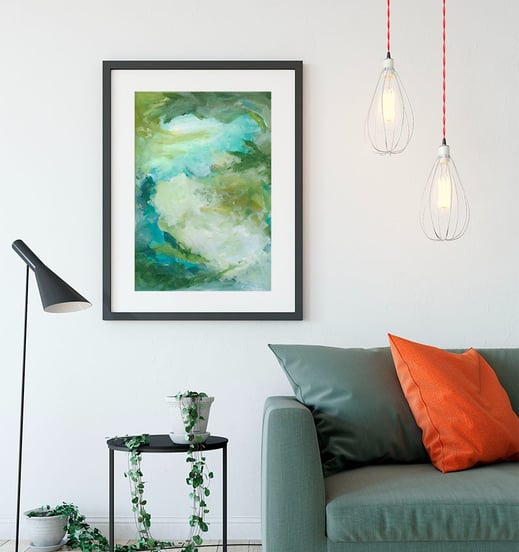 a wonderful green painting called "another earth" above a couch