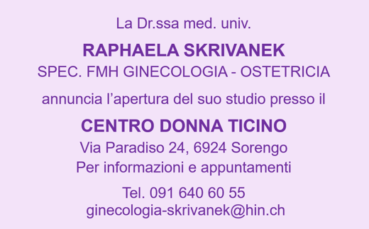 La dottoressa Skrivanek, ginecologa a Lugano, apre uno studio di ginecologia a Sorengo. 