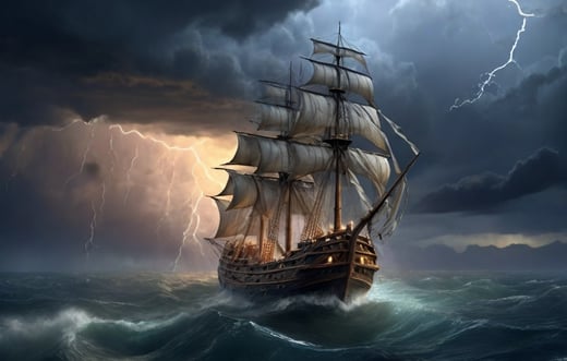 a ship sailing in a storm
