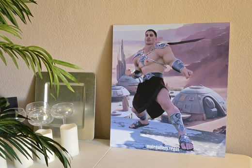 sci-fi cosplay commercial art print shown in context placed on a table against a wall