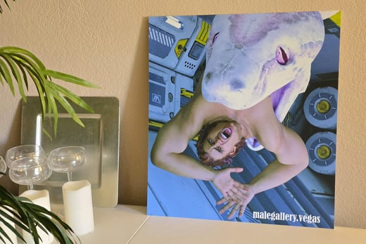 horror sci-fi original art print shown in context placed on a table against a wall