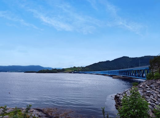 River view and blue bridge in Norway
