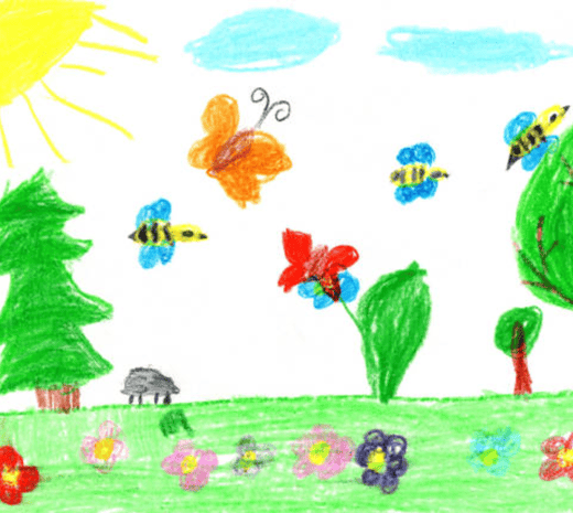 dessin d'enfant illustrant le jardin de la crèche / micro-crèche