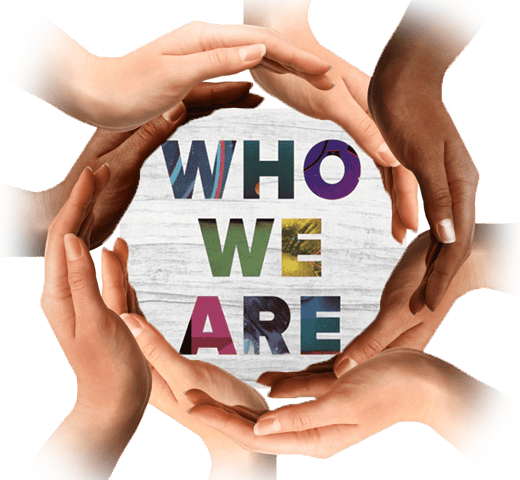 Diverse hands forming a circle around the words 'Who We Are,' symbolizing teamwork, inclusivity, and