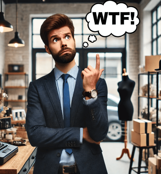 A business owner thinking WTF about marketing strategy.