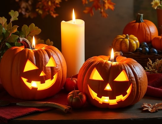 two pumpkins with candles and candles on a table