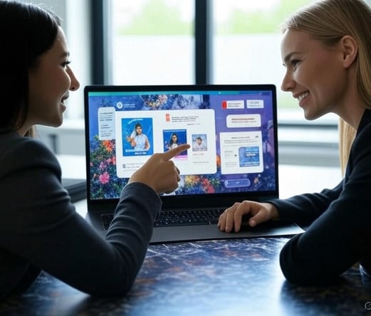 Zwei Frauen besprechen professionelles Webdesign an einem Laptop in einem modernen Büro