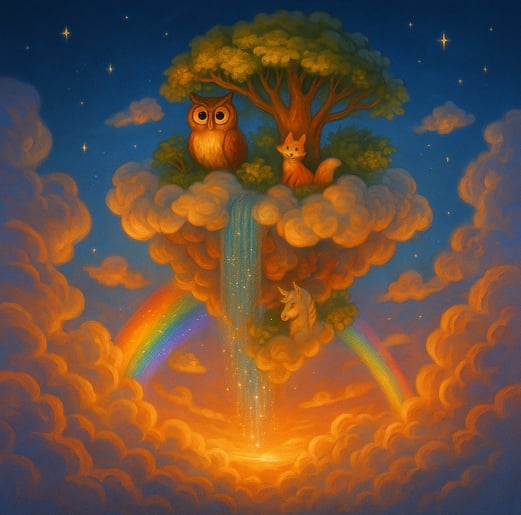a painting of two owls sitting on a rainbow - colored background