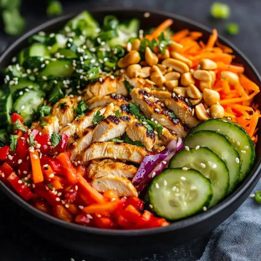Asiatischer Hähnchen-Salat – „Frischer asiatischer Salat mit mariniertem Hähnchen, knackigem Gemüse und Sesam-Dressing