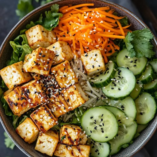 Frischer Salat mit knusprigem Tofu, Edamame und einem leichten Soja-Dressing