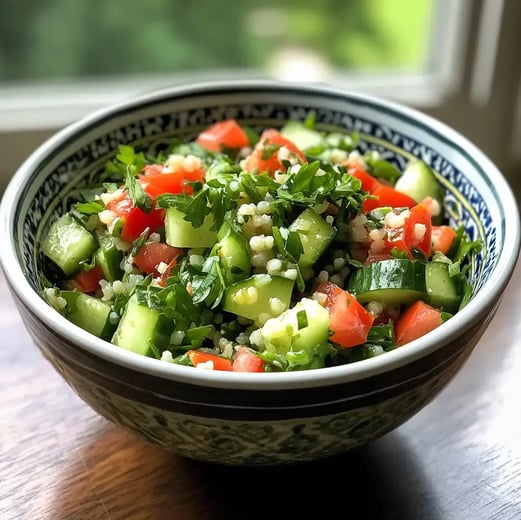 Frischer Bulgur-Salat mit Tomaten, Gurken, Kräutern und Zitronen-Dressing