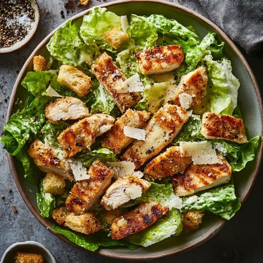 Caesar-Salat mit knusprigen Hähnchenstreifen, Römersalat und Parmesan, serviert mit cremigem Caesar-Dressing