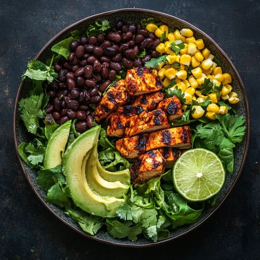 Mexikanischer Salat mit gegrilltem Hähnchen, schwarzen Bohnen, Avocado und Salsa-Dressing