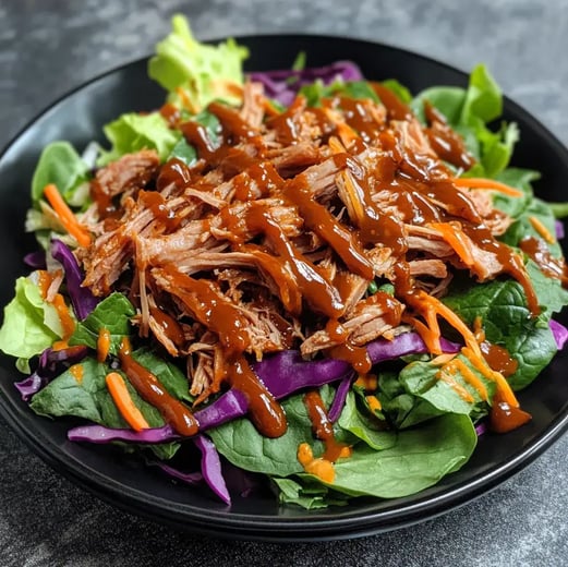 Deftiger Salat mit zartem Pulled Pork, Coleslaw und BBQ-Dressing