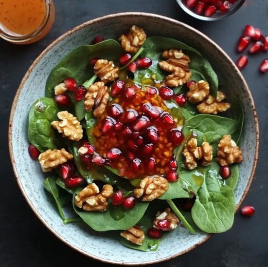 Salat aus gebackener Süßkartoffel, frischem Spinat und Granatapfelkernen