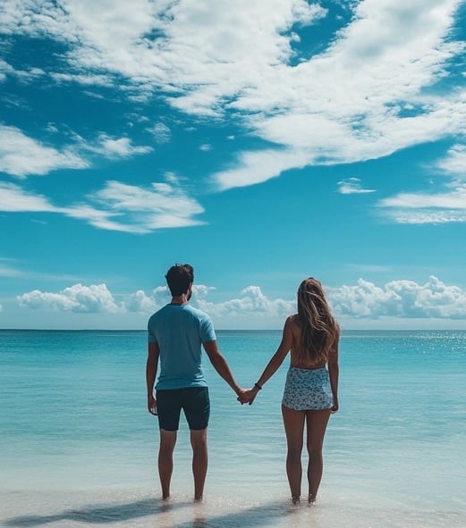 a couple holding hands on a beach