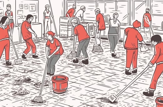 a group of people in red uniforms cleaning a room