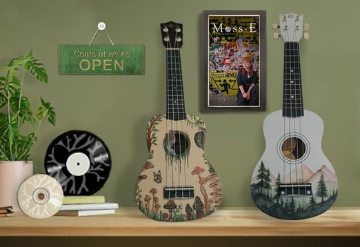 A hand-painted ukulele and records and CDs for sale in Moss.E's shop