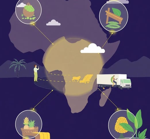 a graphical representation of africa with a globe with elements showing agricultural value chain