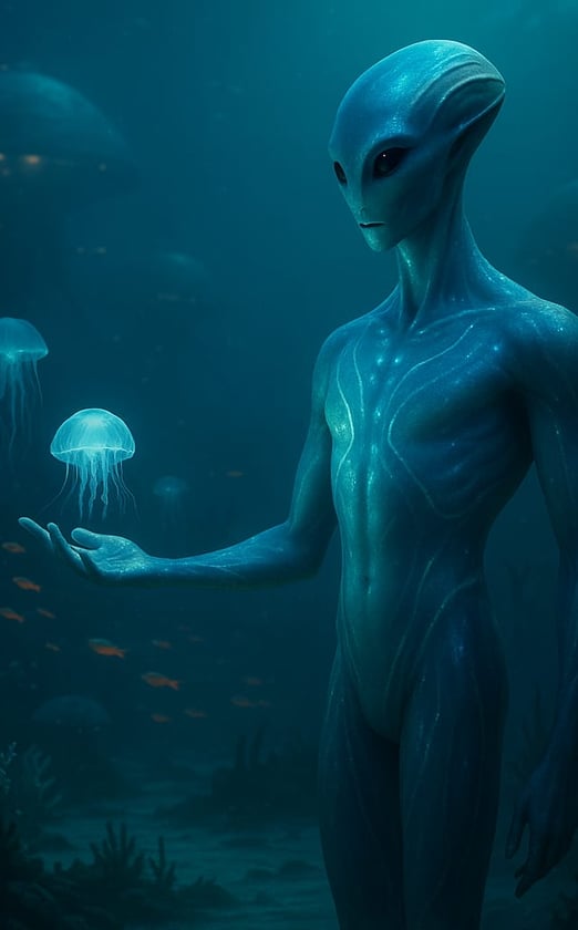 Imagem do Ser do Planeta K2-18b ilustrando a vida debaixo do Oceano com outros seres Bioluminosos