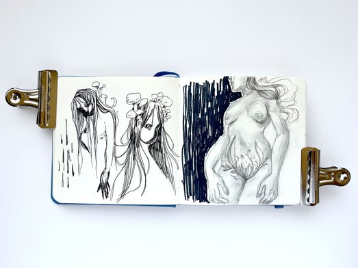 sketchbook page of figures mixed with plant life and fungi. created with ink and graphite pencil