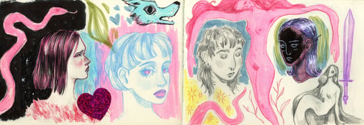 sketchbook page made with highlighters, colored pencil, markers, ink