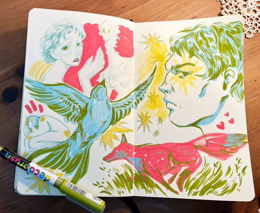 colorful sketchbook page of animals and figures done with colored pencil and paint markers