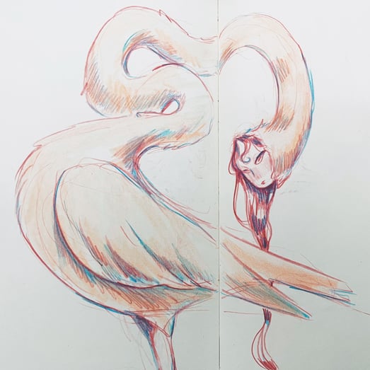 sketchbook page of surreal bird woman creature made with colored pencil