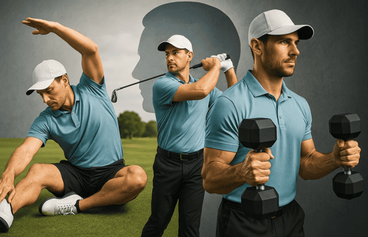 Golfer doing stretching and strength exercises for better mental and physical performance.