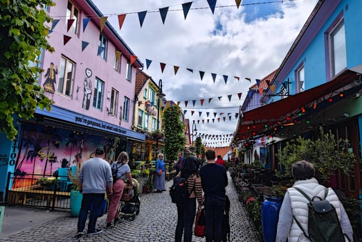 Colourful houses and cobbled street in Stavanger Norway