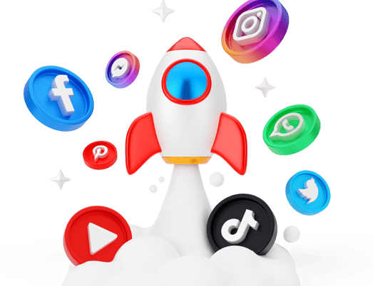 a rocket ship with social media icons on it