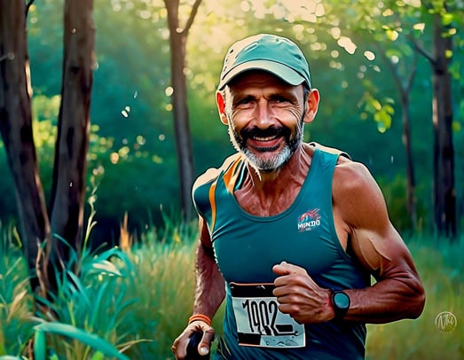 A comic painting of a man running on the forest