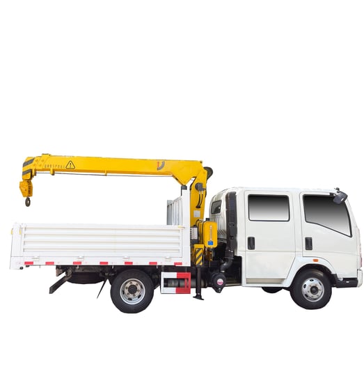 A white truck featuring a 2.1 ton telescopic crane mounted on top for heavy lifting purposes.