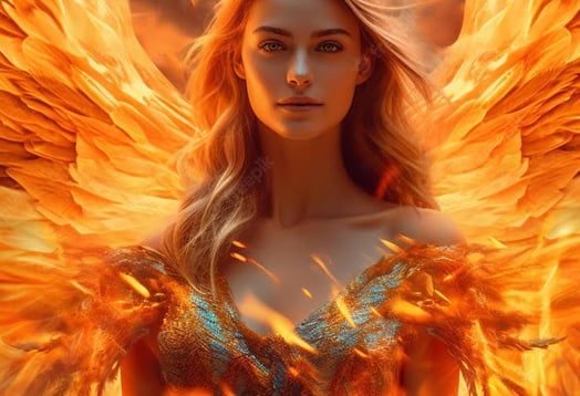 a woman in a dress with a firebird in the background