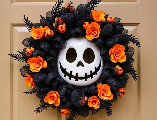 a wreath of flowers and a skull headpiece on a door