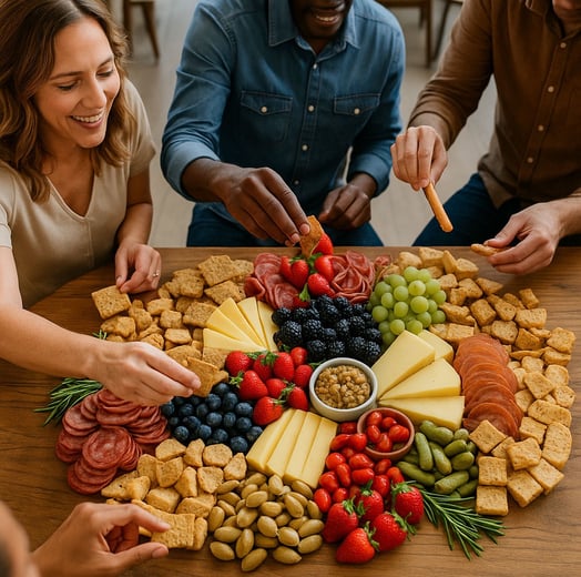 a group of people eating a platter of food