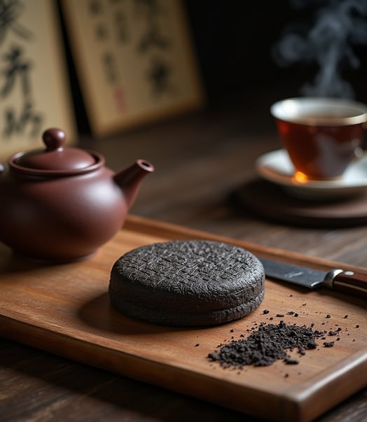 a pureh tea on a cutting board with a teapot and a teapot