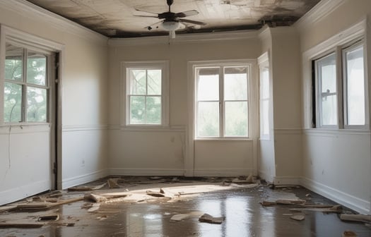 A doorway heavily charred by fire leads into an interior space with smoke-stained tiles and water fixtures. The framing of the door appears severely burnt, and black soot marks are visible around the entry. A wire hangs loosely from the doorframe, indicating possible electrical damage.