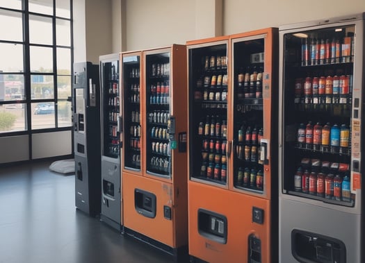 A vending machine situated in a dimly lit area, featuring a variety of drink options displayed brightly. The selection includes colorful cartons and bottles with labels in Japanese. Another machine or display is nearby showing various small items and snacks.