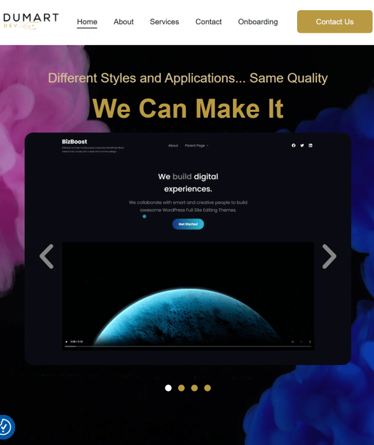 DumartDev website page with a picture of a website page with a picture of a website