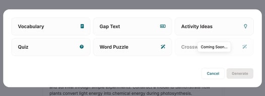 A screenshot demonstrating the available resources that can be generated