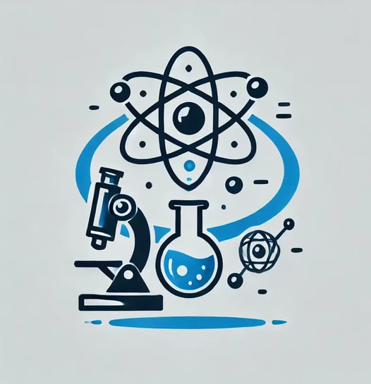 Line drawing of an atom, a laboratory microscope, and an Erlenmeyer flask containing a blue liquid,