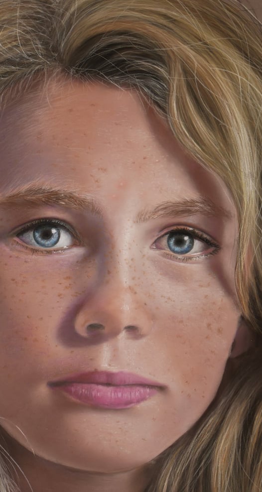 a portrait PASTEL paint of a woman with freckers on her face